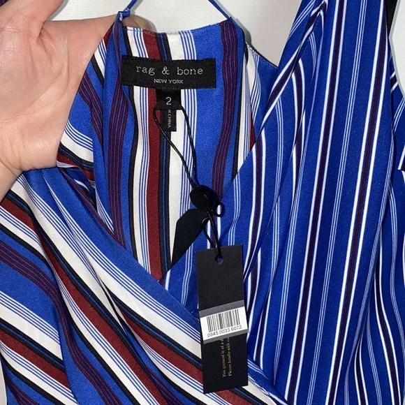 NEW Rag & Bone Felix Striped Blue Silk V Neck Jumpsuit $595 Size 0 - Picture 5 of 13